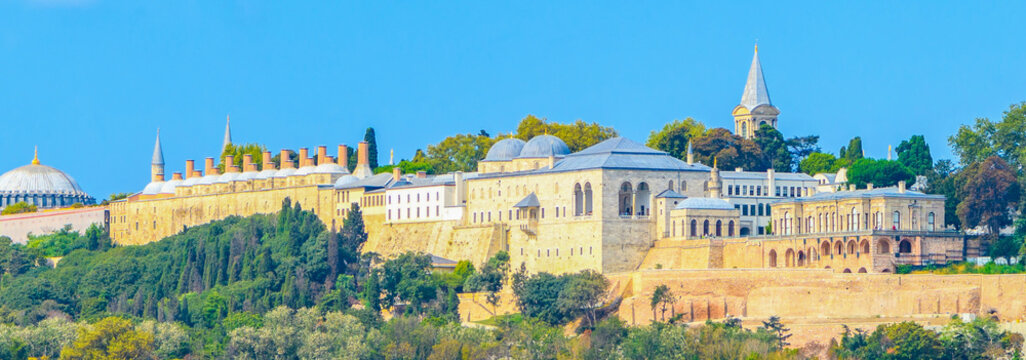Istanbul, Turkey, August 8, 2025:Panoramic view of the Topkapi Palace and Sarayburnu point from the sea, Istanbul, Turkey.