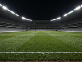 Fototapeta premium Night soccer stadium background with illuminated football field and green grass