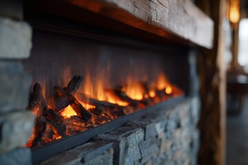 Obraz premium A modern electric fireplace with a warm glow set in a stone wall. Rustic wooden mantelpiece in a cozy home interior design