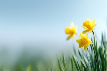 Obraz premium Three yellow daffodils against a blue sky background with copy space. Spring and Easter floral concept