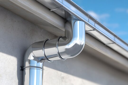 Metal rain gutter and downpipe on roof corner. Shiny steel drainage system on building exterior against blue sky