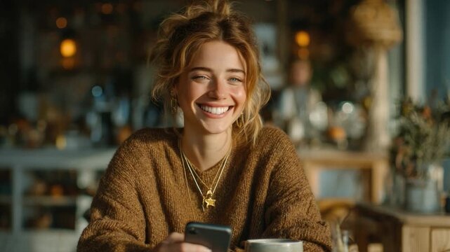 Smiling Woman in Cafe: A radiant woman, illuminated by the warm light of a cafe, finds joy in her surroundings. Her genuine smile reflects contentment and peace.