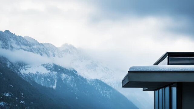 Modern luxury architecture with minimalist design integrating into a serene snow covered mountain landscape, suggesting a harmonious blend of contemporary living and breathtaking natural scenery
