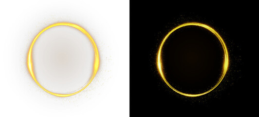 Neon golden portal ring with bright yellow glow and glossy light reflections, creating a vibrant circular energy effect. Isolated PNG element on split background, ideal for futuristic designs, game vi © Oleksandr