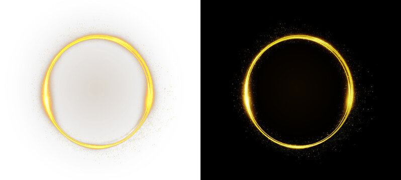 Neon golden portal ring with bright yellow glow and glossy light reflections, creating a vibrant circular energy effect. Isolated PNG element on split background, ideal for futuristic designs, game vi