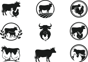 Obraz premium Black and white vector farm animal illustrations featuring cows, chickens, roosters, and calves in decorative circular logo frames
