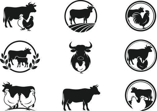 Black and white vector farm animal illustrations featuring cows, chickens, roosters, and calves in decorative circular logo frames
