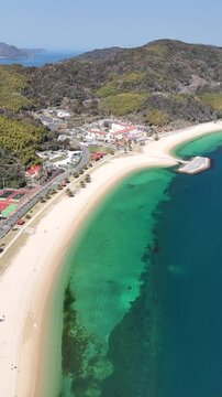 Vertical aerial drone view of emerald green and deep blue ocean with sandy beach in Japan 08