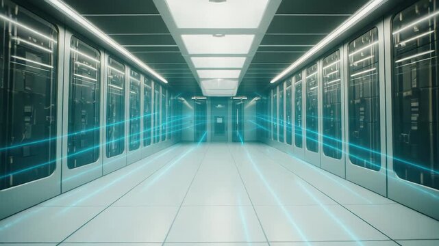 Modern data center corridor with rows of server racks, providing powerful computing resources and secure cloud storage for global internet technology and business operations