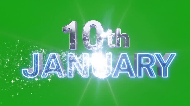 Shining silver date '10th January' on green background