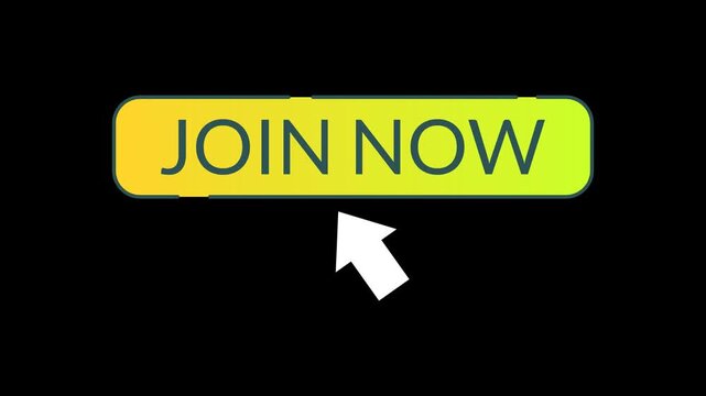 Seamless join now text on orange to green gradient rectangle with pulsing cursor arrow moving up and down. Professional motion graphic with alpha channel for video creators