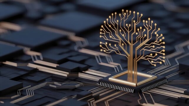Golden circuit tree growing from processor - Ideal for wealth management technology, digital assets, or organic tech growth.