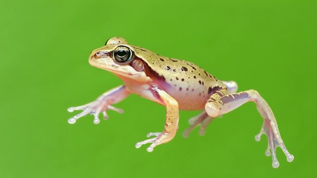 Close-up of a small, spotted tree frog with delicate legs against a vibrant green background