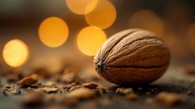 Close-up of a walnut on a rustic surface with a soft bokeh background.