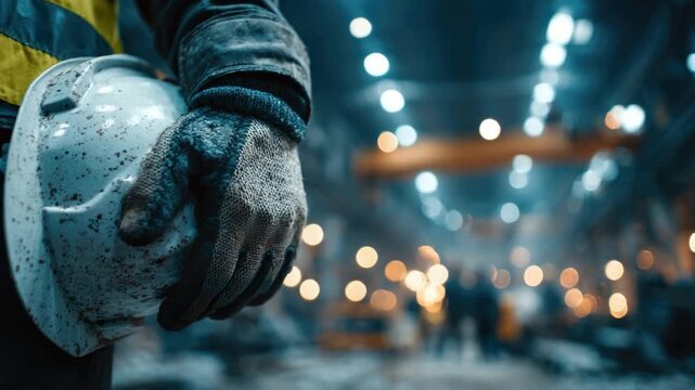 Hand of Steel: A construction worker's rugged hand holds a helmet in a dimly lit industrial setting, showcasing dedication and resilience amidst a backdrop of machinery and ongoing work.