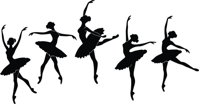 Silhouette of five ballerinas in various dance poses against a white background