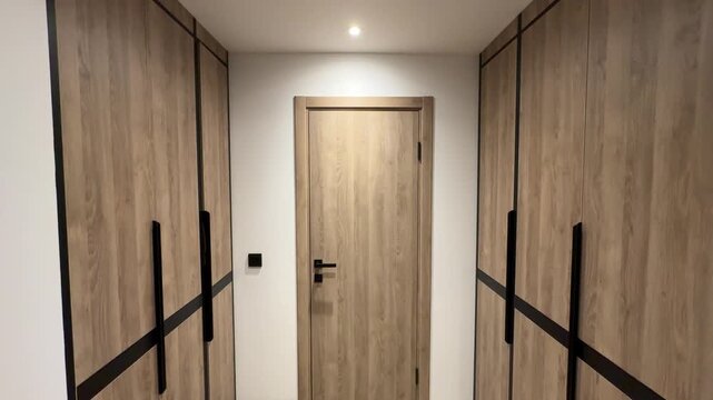 Tall vertical view showcases a compact hallway with rich wooden doors, warm lighting, minimalist decor, coat hooks,  for an inviting entry.