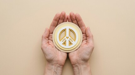 Peace harmony hope unity hands love kindness symbol held in cupped palms on a minimalist beige background, representing global humanitarian support and social justice concepts.