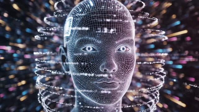 A digital wireframe human head representing artificial intelligence emerges from a light speed tunnel, surrounded by glowing particles and data streams.