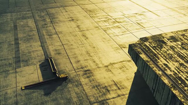 Modern concrete building exterior highlighting minimalist design and strong geometric lines, with dramatic shadows stretching across the textured surface in warm sunlight