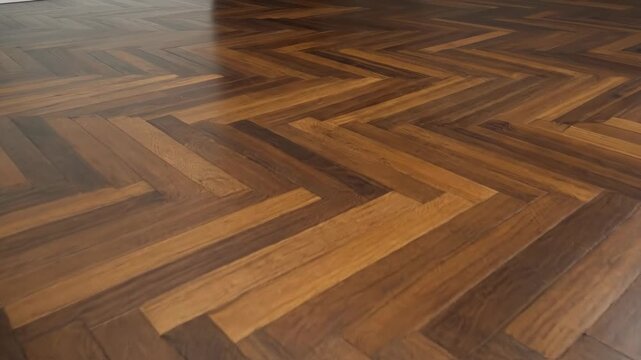 Elegant herringbone wood flooring in warm, rich tones.