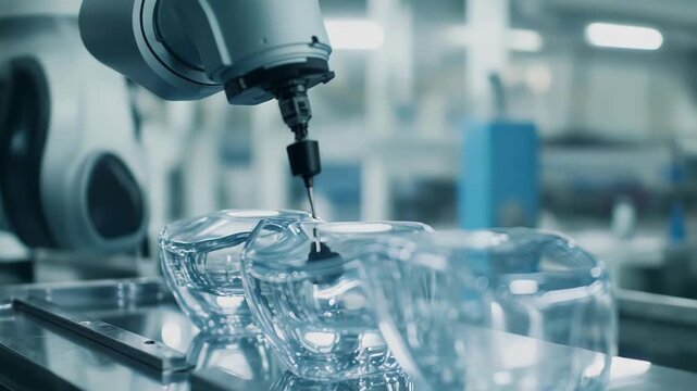 Robotic arm precisely working on a clear plastic component on an assembly line, highlighting advanced manufacturing technology, industrial automation, and high tech production processes