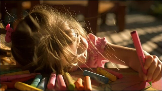 A cheerful young girl playfully draws with colorful crayons on a wooden table radiating joy and creativity in a warm inviting home setting
