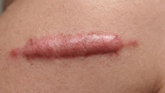 Scarred Skin Closeup View of Healing with Body Imperfection.