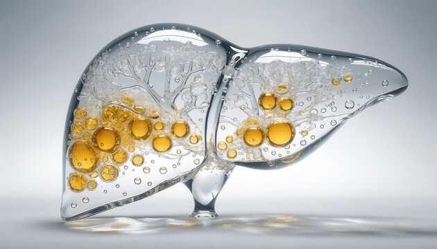 Liver triglyceride storage concept with transparent organ model showing yellow fat droplets and internal structure in clean medical visualization