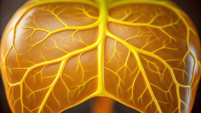 Liver triglyceride storage concept showing detailed yellow vein structure on brown organ surface in medical illustration