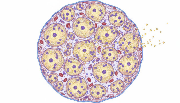 Liver cells showing triglyceride storage with detailed cell structure and lipid droplets in biological illustration of fat metabolism and storage