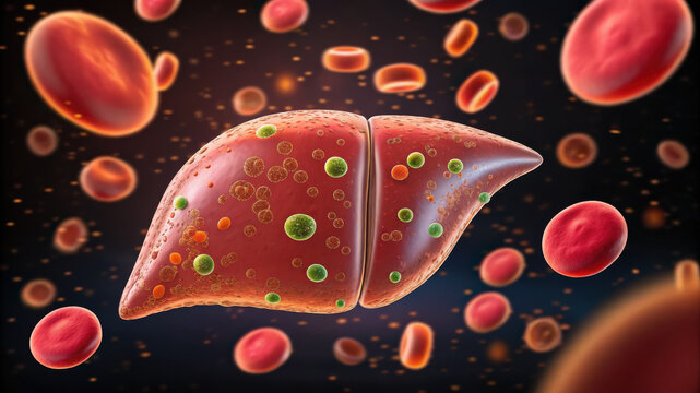 Liver triglyceride storage concept with red blood cell and fat droplets in bloodstream showing metabolic process and health impact