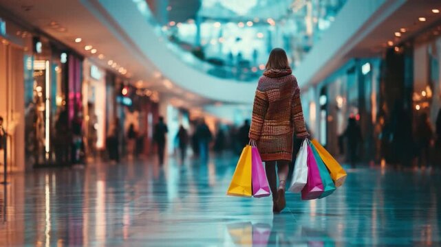 Shopaholic in a Modern Mall: A lone individual strides confidently through a bustling shopping mall, laden with colorful shopping bags, ready to explore retail therapy.