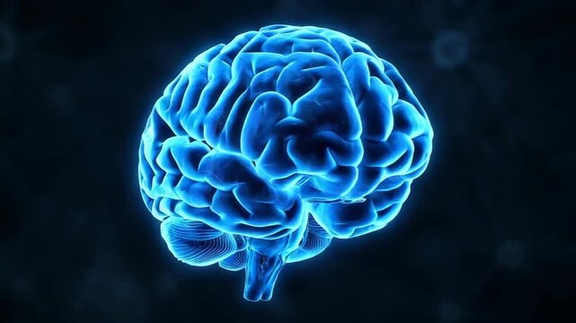 Glowing blue human brain in 3D with dark background and subtle light effects
