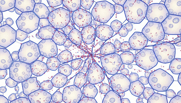 Liver triglyceride storage concept showing fat cells with lipid droplets and molecular particles in scientific medical illustration