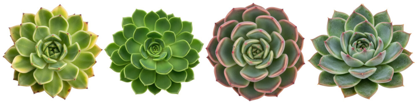Diverse Echeveria succulent plants in varied colors and rosette forms, isolated on a transparent background.