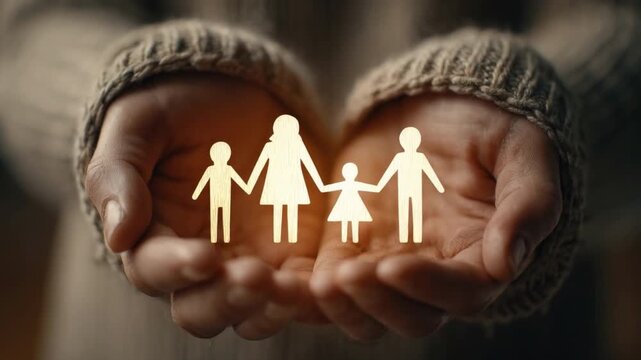 Hand Holding Family Silhouette: Close-up of a tender display of family unity, where hands gently cradle a glowing silhouette of a family, symbolizing love, care, and the unbreakable bond. 