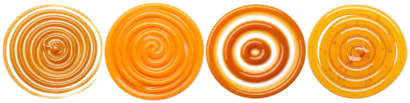 Delicious golden-brown caramel, honey, or syrup swirls and dribbles, isolated on a transparent background.