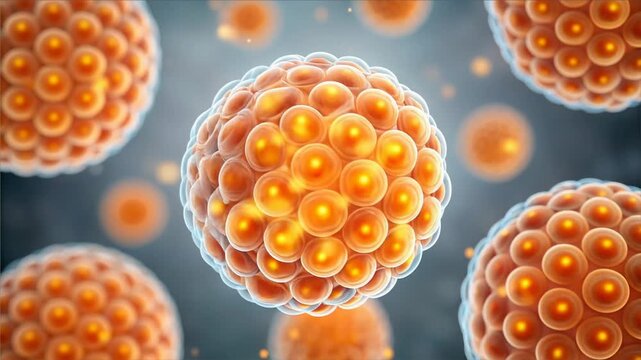 Spherical orange liver cells showing triglyceride storage with microscopic scientific 3D illustration of fat accumulation and detailed structure