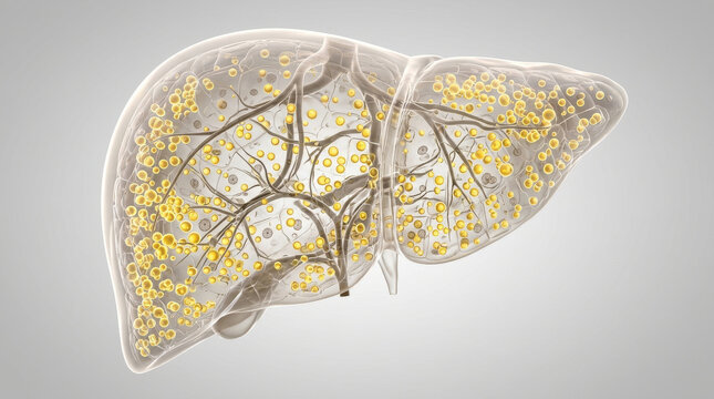 Liver triglyceride storage illustration shows fat accumulation inside organ with transparent view highlighting yellow lipid droplets and vein