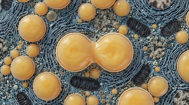 Liver triglyceride storage in cells shows fat droplets and organelles in detailed microscopic view of biological tissue