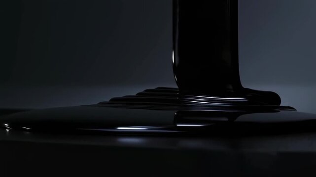 Slow motion closeup of black liquid pouring and spreading on reflective tabletop in dark studio