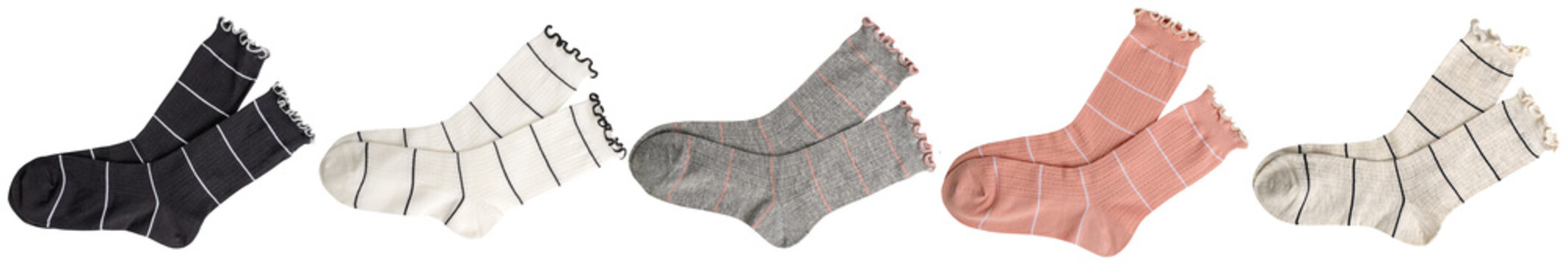 Stylish collection of cozy striped socks in various colors with charming ruffled cuffs.