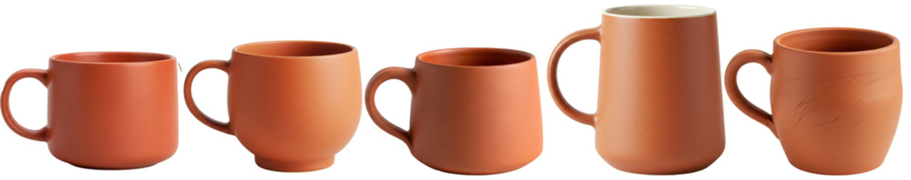 Rustic collection of handcrafted terracotta cups and mugs in varying shapes and textures.