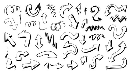 Obraz premium Hand drawn arrow vector set, black ink doodle arrows collection, sketchy pointer icons for creative design