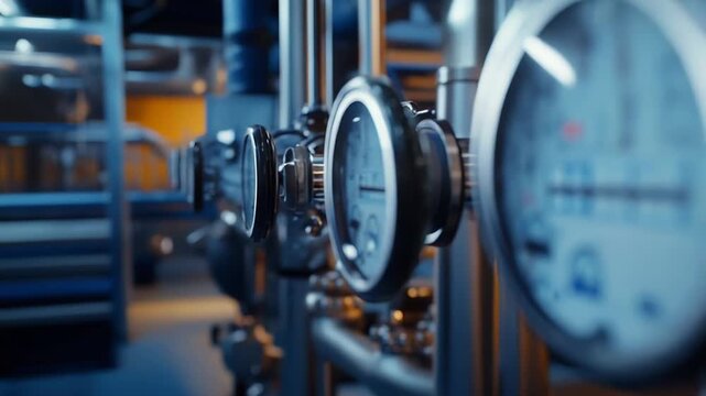Modern manufacturing facility features complex industrial machinery, including gauges, valves, and metal pipes, ensuring precise control and optimal operation