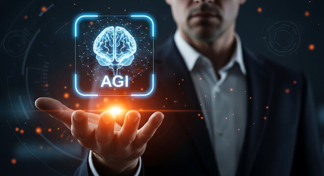 Artificial General Intelligence concept visualized with a human hand presenting a glowing brain icon symbolizing advanced AI