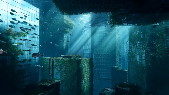 Tracking pan shot of submerged city ruins with schools of fish swimming through flooded skyscraper atrium with light beams