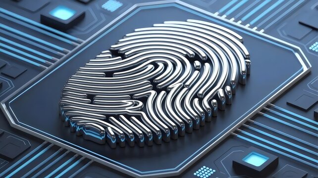 Chrome fingerprint on futuristic motherboard &ndash; Ideal for biometrics, identity theft protection, or high-tech security.
