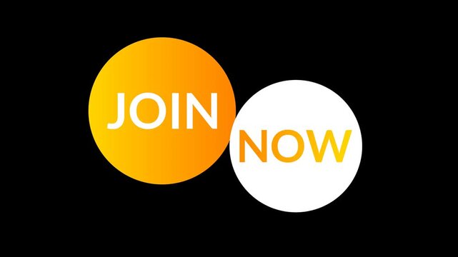Seamless looping join now text animation on pulsing orange and white circles. Clean motion graphic with alpha channel for easy integration in digital marketing and web interface designs